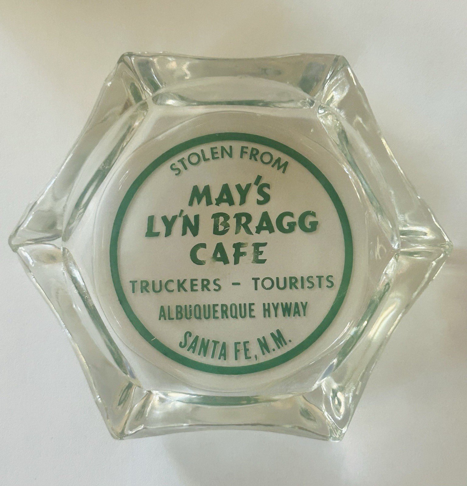 VINTAGE MAY\'S LY\'N BRAGG CAFE ADVERTISING ASHTRAY - ROUTE 66 ALBUQUERQUE HWY NM