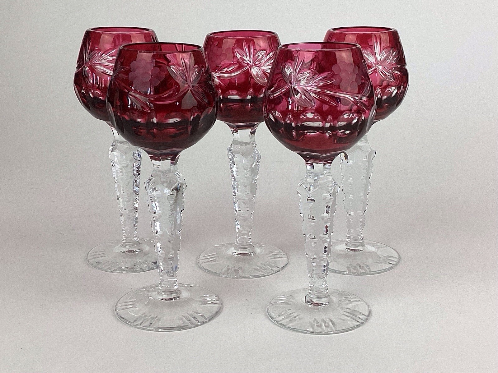 Vintage Bohemian Crystal Cut to Clear Aperitif Wine Glasses Set of 5 Red / Clear
