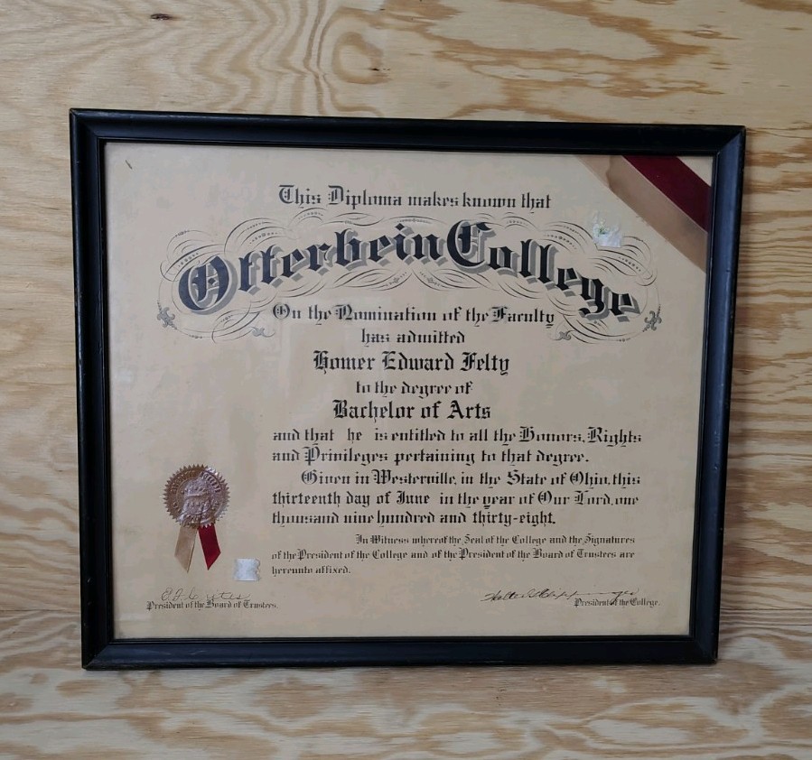 1938 Otterbein College Bachelor of Arts Framed 18