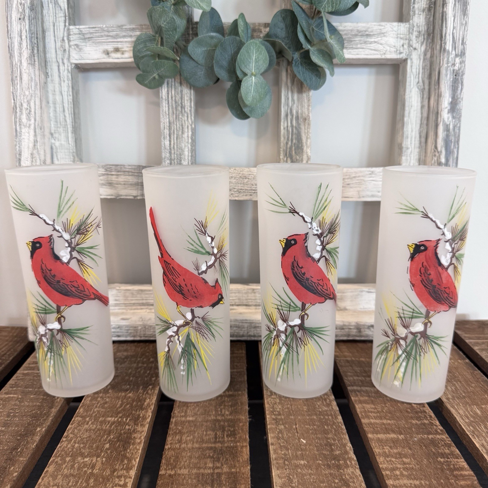 Federal Frosted Tom Collins Glasses with Cardinals set of 4