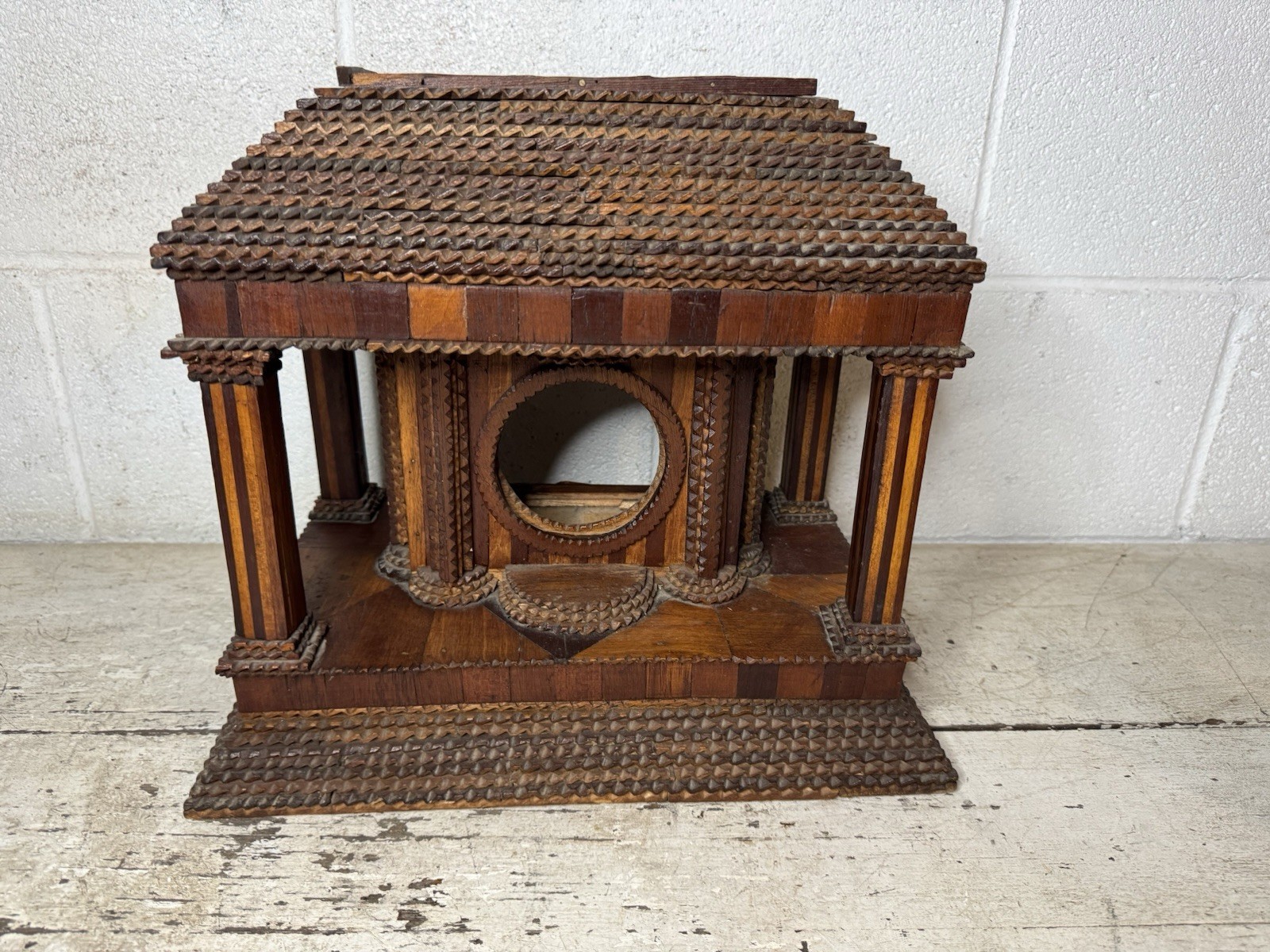 Antique Hand Made Chip Carved Wood Tramp Art Mantle Clock Case Inlaid