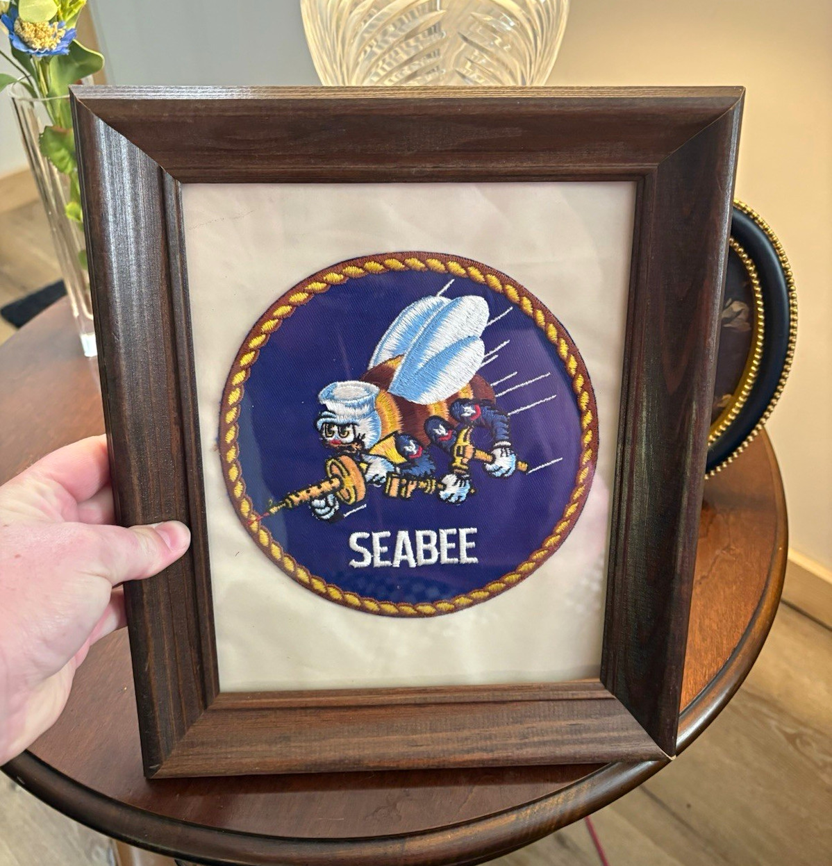 US Navy Seabee Militaria Patch/Insignia Framed in Wood Frame, 6.5