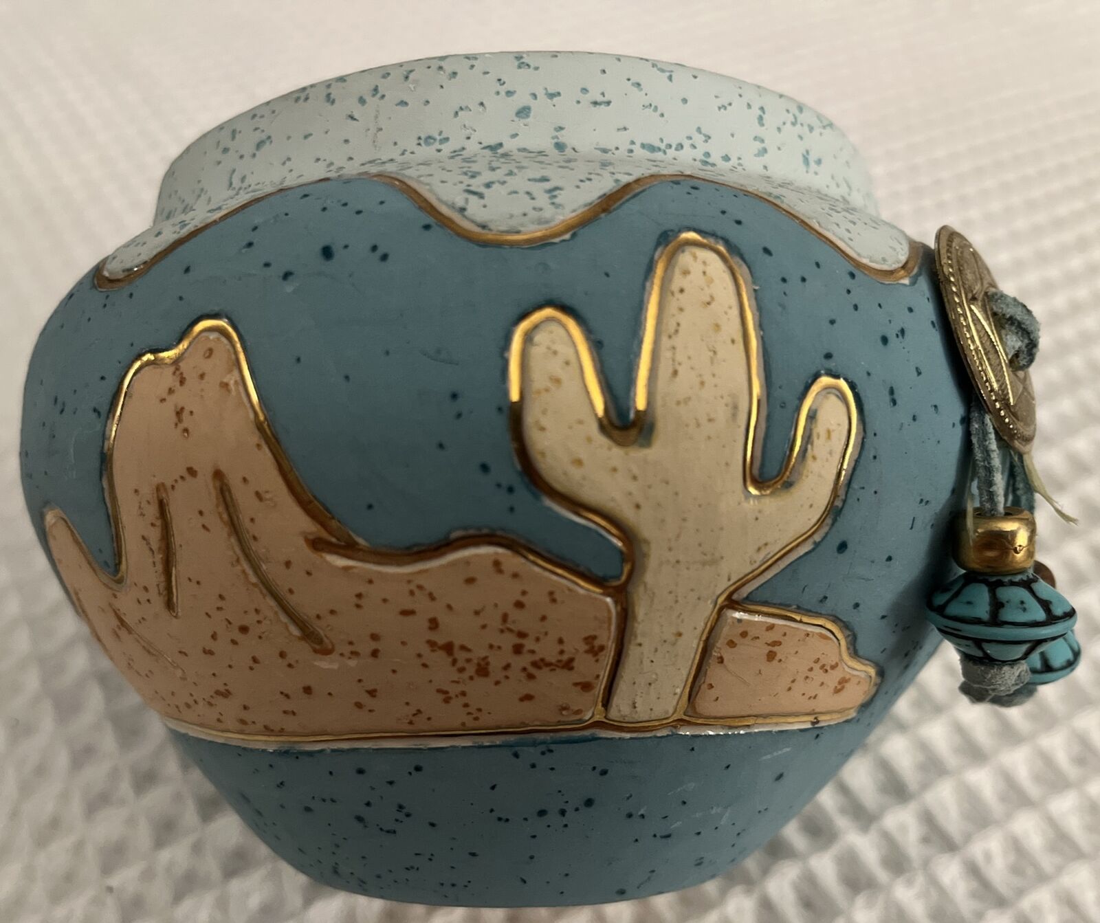 Aljesa Ceramic Pot Handcrafted Mexico Two Tone Blue Gold Trim 6\