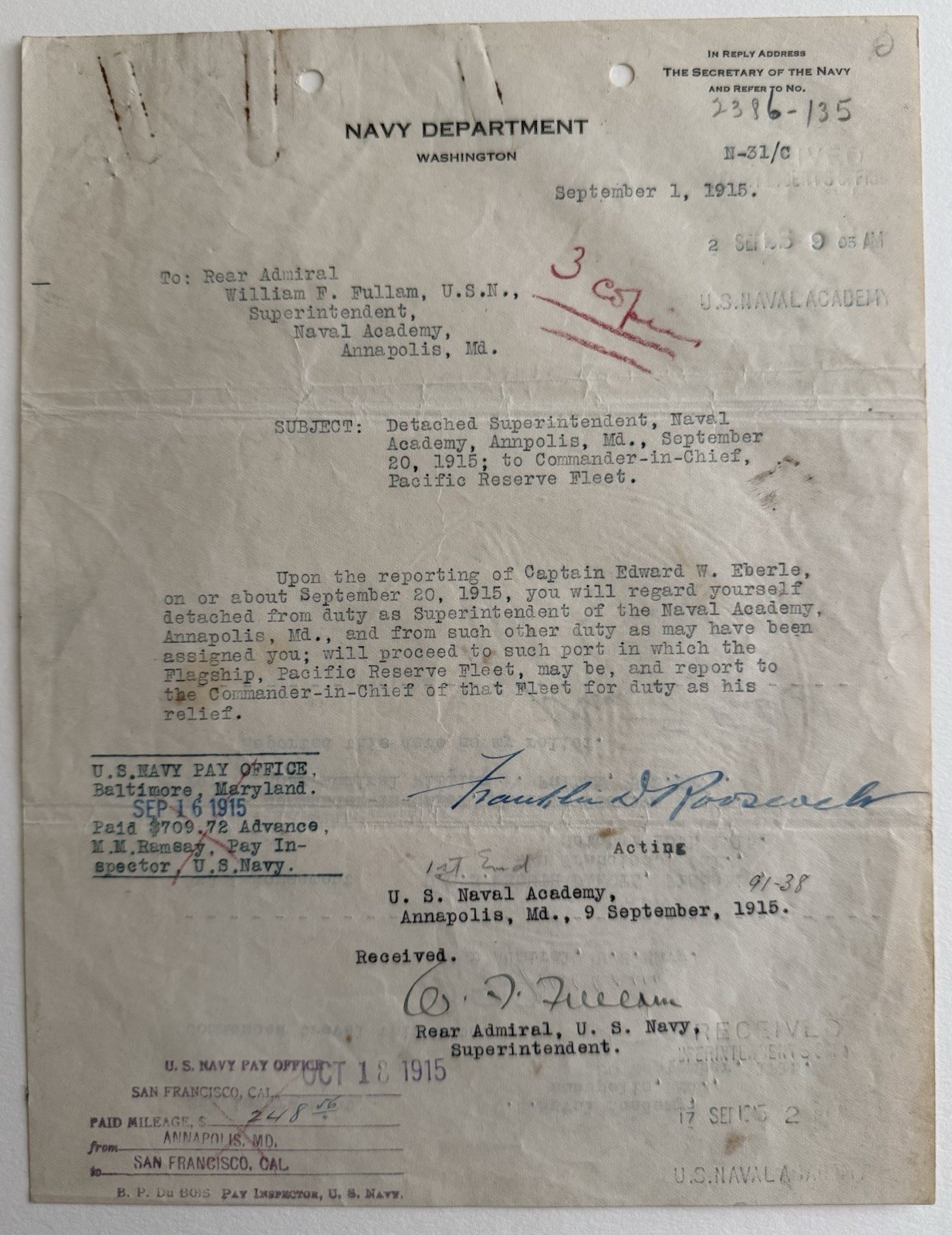 1915 Franklin D Roosevelt Signed Navy Document