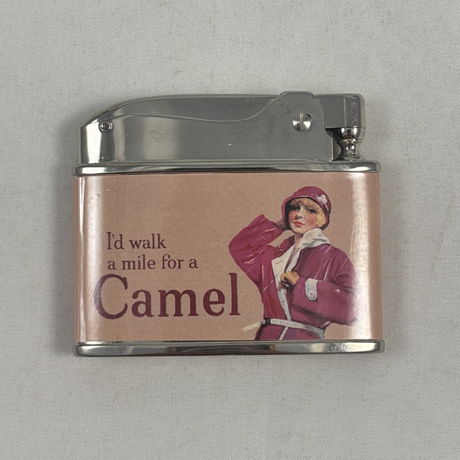 Vintage I\'d Walk A Mile For A Camel Flip Top Lighter Made In Japan Lady Firebird