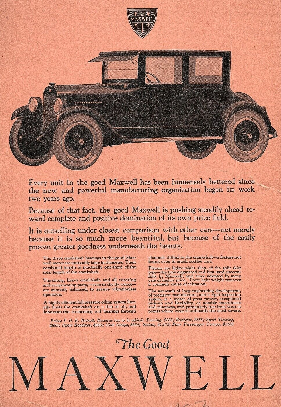 1923 MAXWELL MOTOR CORPORATION AUTOMOBILE DETROIT MI PRINT ADVERTISEMENT Z1877 1923 MAXWELL MOTOR CORPORATION AUTOMOBILE DETROIT MI PRINT ADVERTISEMENT Z1877