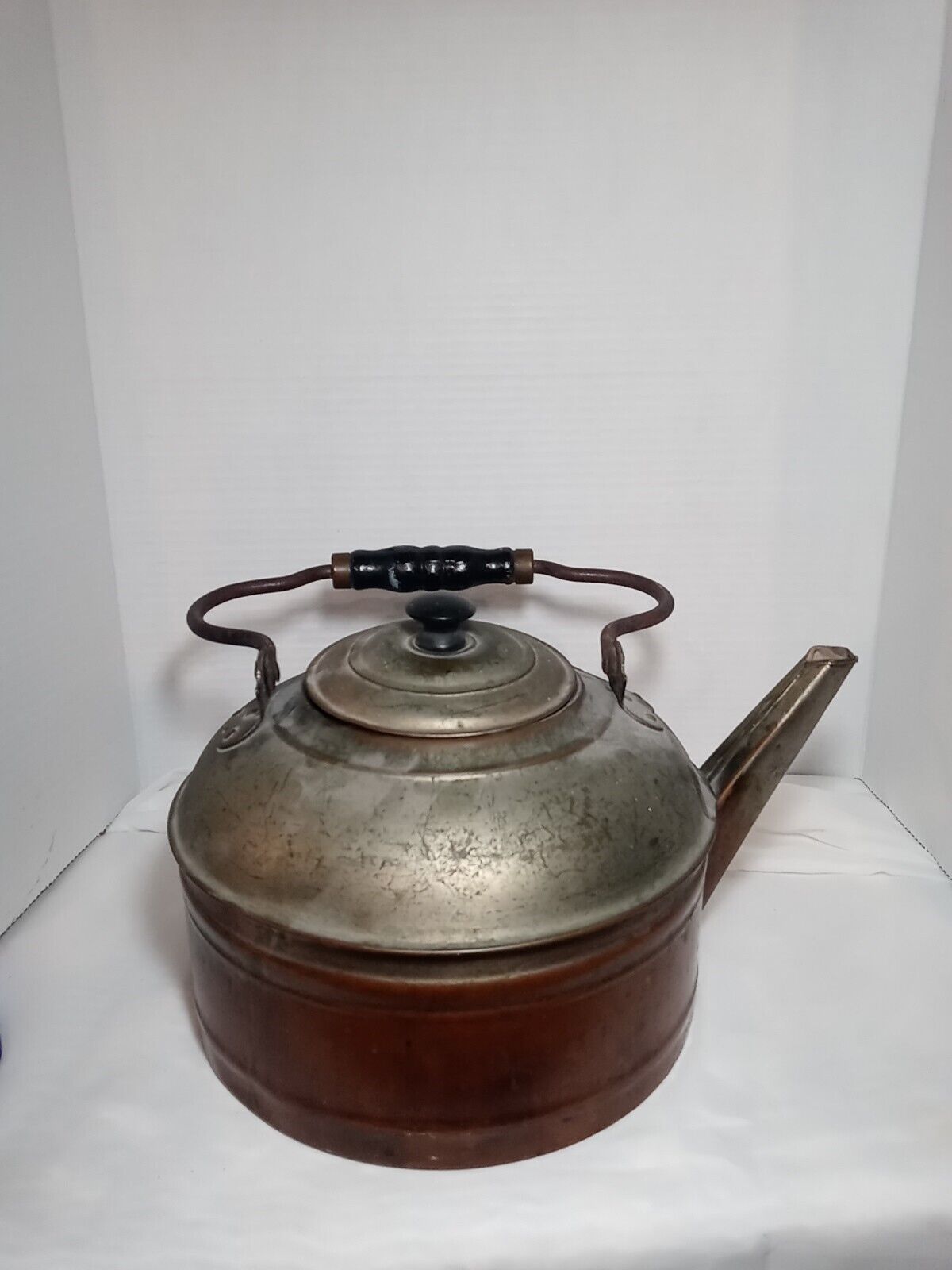 Vintage Solid Copper Tea Kettle Large Pot Wood Handle 