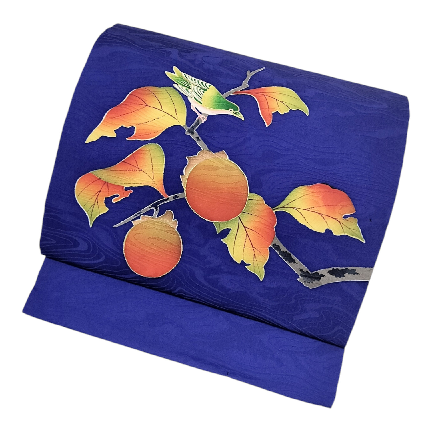 【NAGOYA OBI】Japanese Kimono Silk Obi/Persimmon & Bird /Blue/Fruits/Autumn
