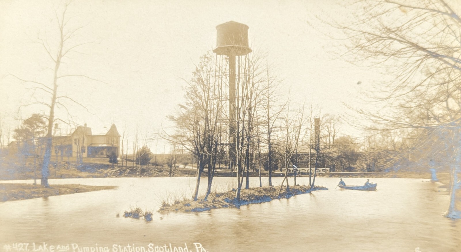 Postcard Real Photo Lake Pumping Station Boating Water Tower Scotland PA 1910s