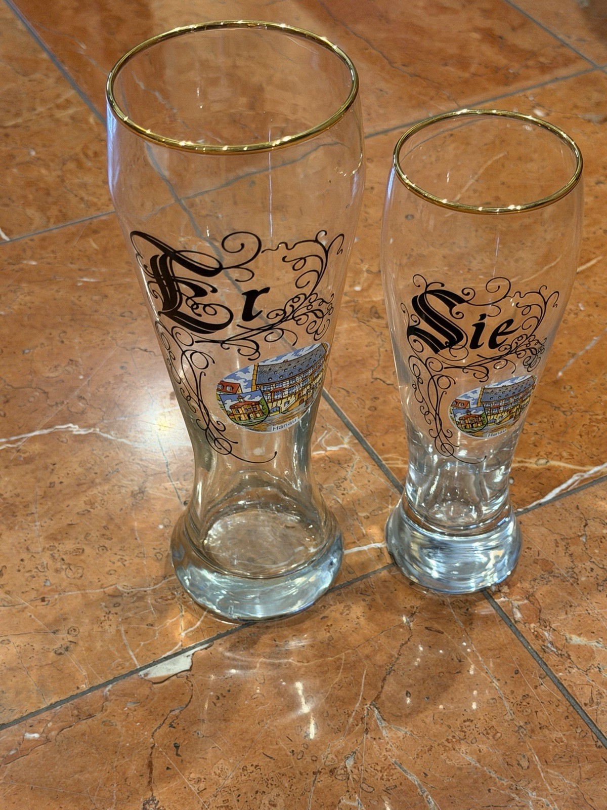 GERMAN BEER GLASSES DER SIE HIS HERS MAN WOMAN HANAU VILLAGE SCENE LOT 2 PAIR EU