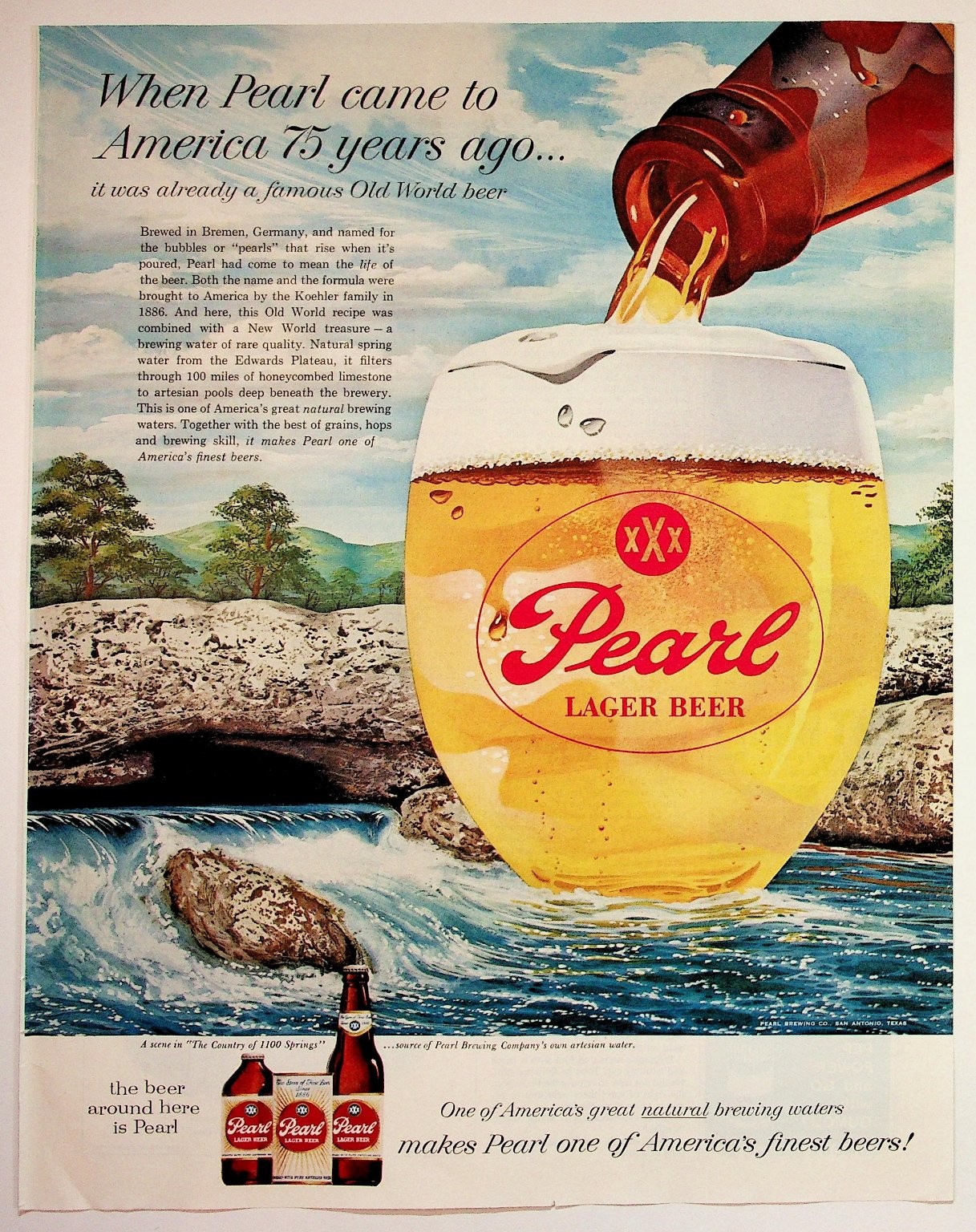 Vintage 1950s Pearl Lager Beer Brewery Ad San Antonio Texas Old World