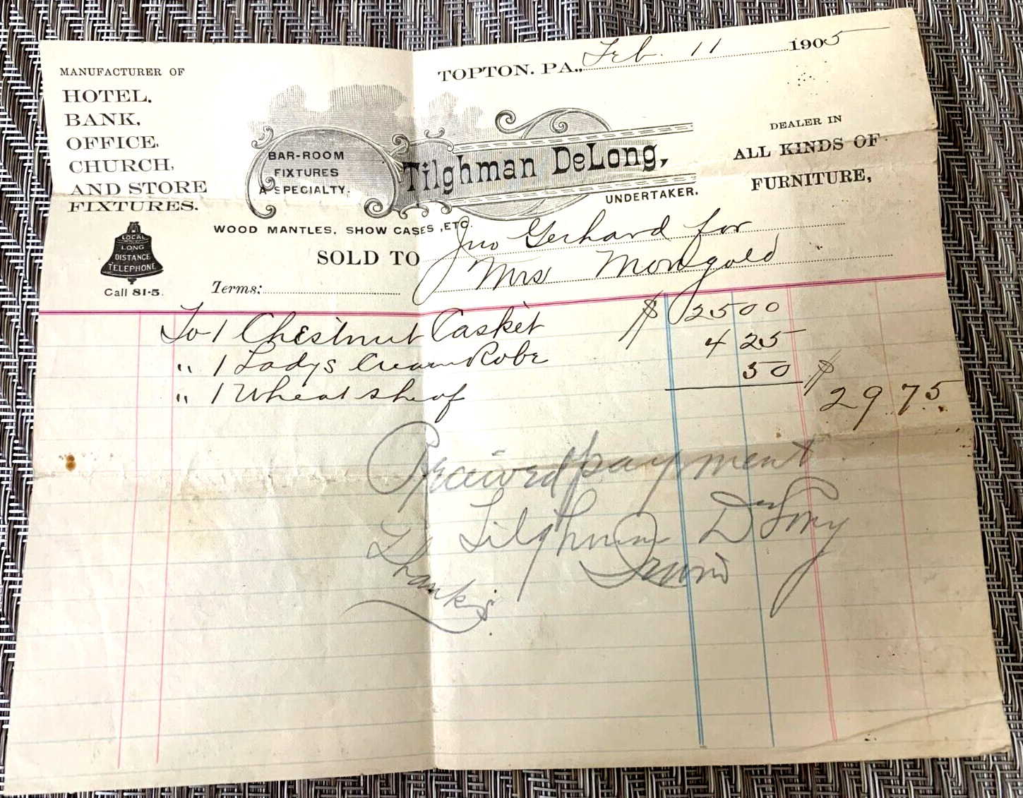 1905 Antique Document, Tilgham  DeLong , Topton, PA
