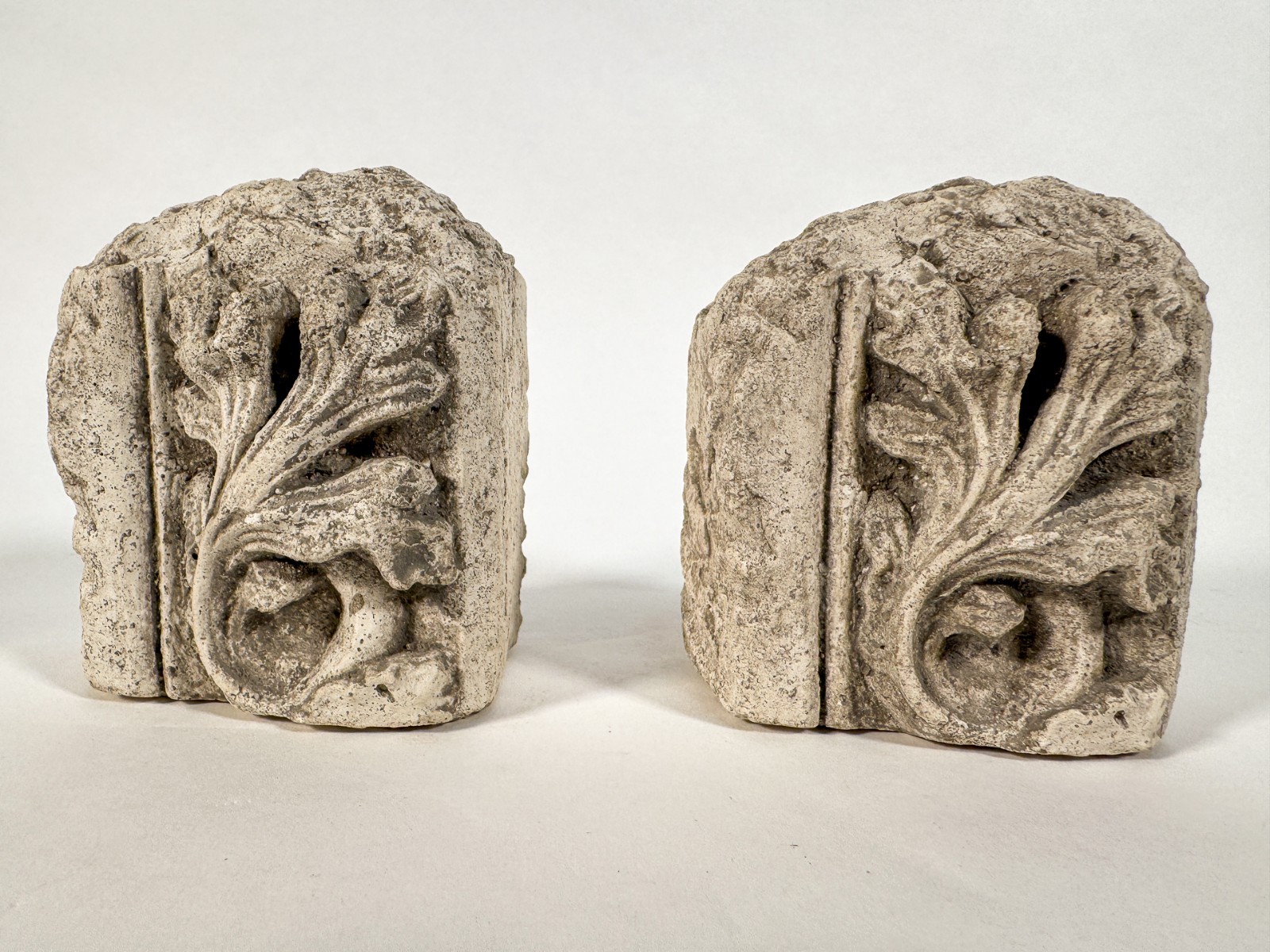 Vintage Concrete Acanthus Leaf Bookends Architectural Cast Stone Pair
