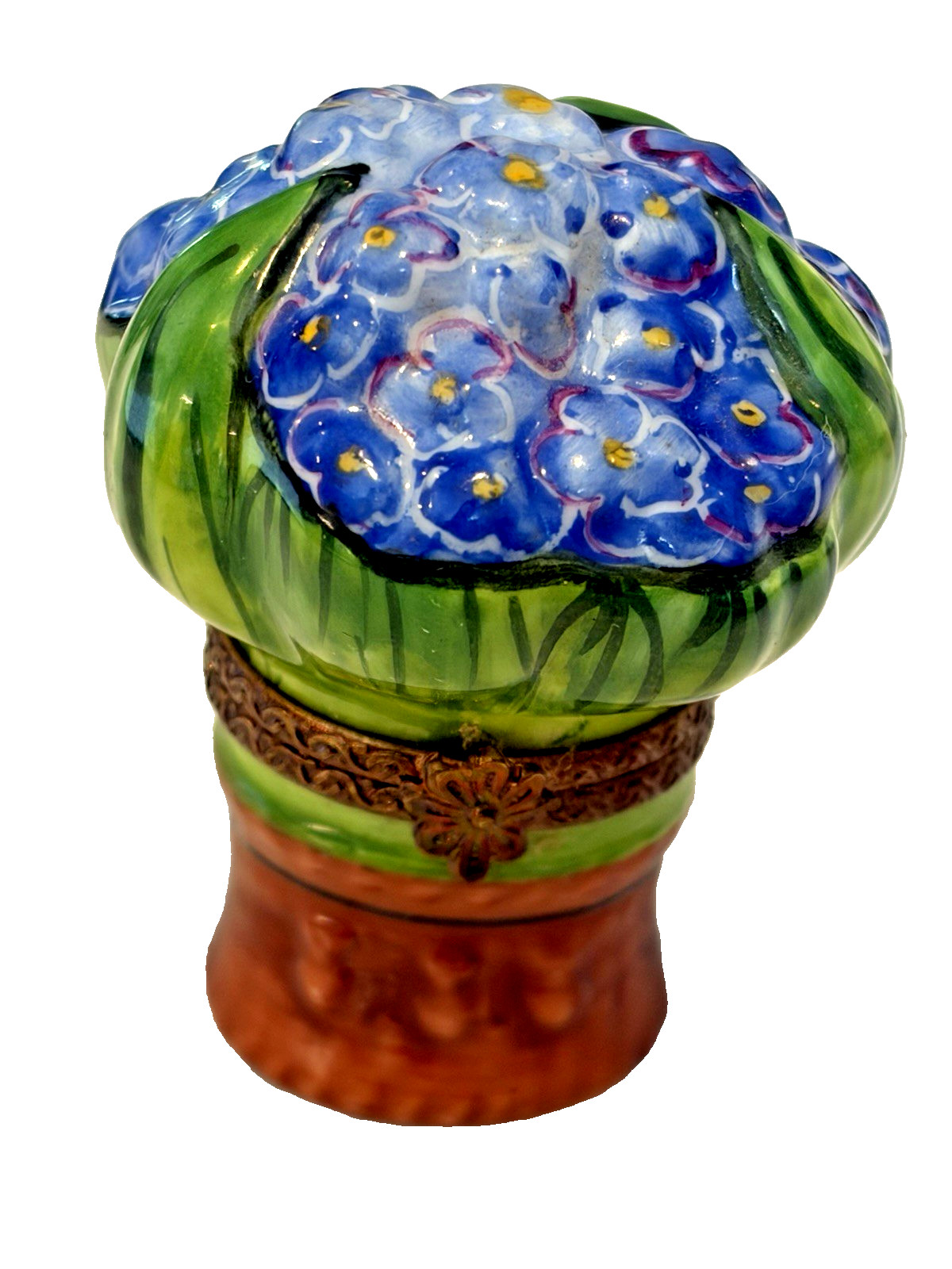 LIMOGES PEINT MAIN Trinket Box-HYDRANGEA Potted Floral /Flower BOUQUET-Signed PV