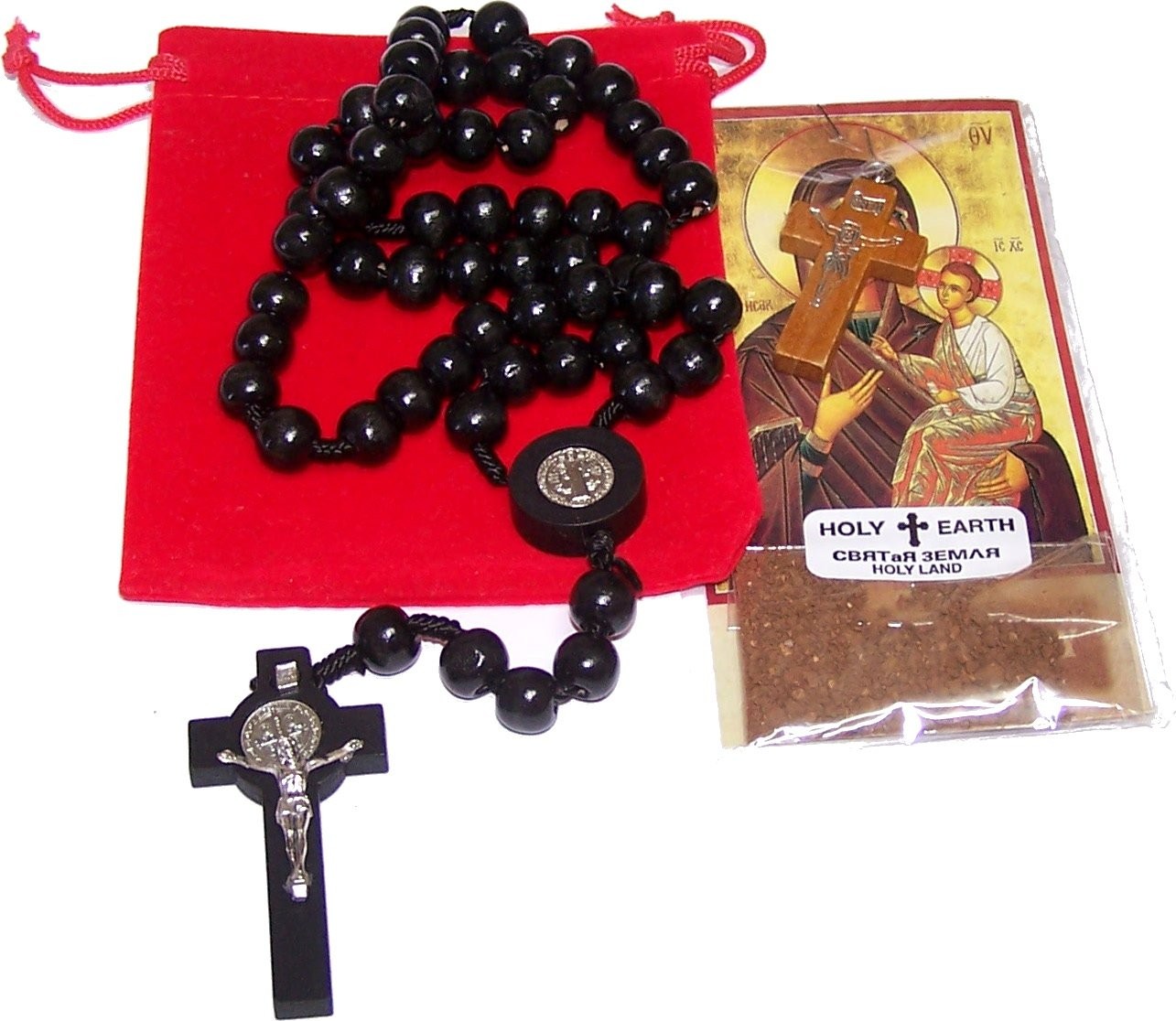 10 finger wooden Rosaries from Bethlehem with Soil and Pendant / olive tree leaf