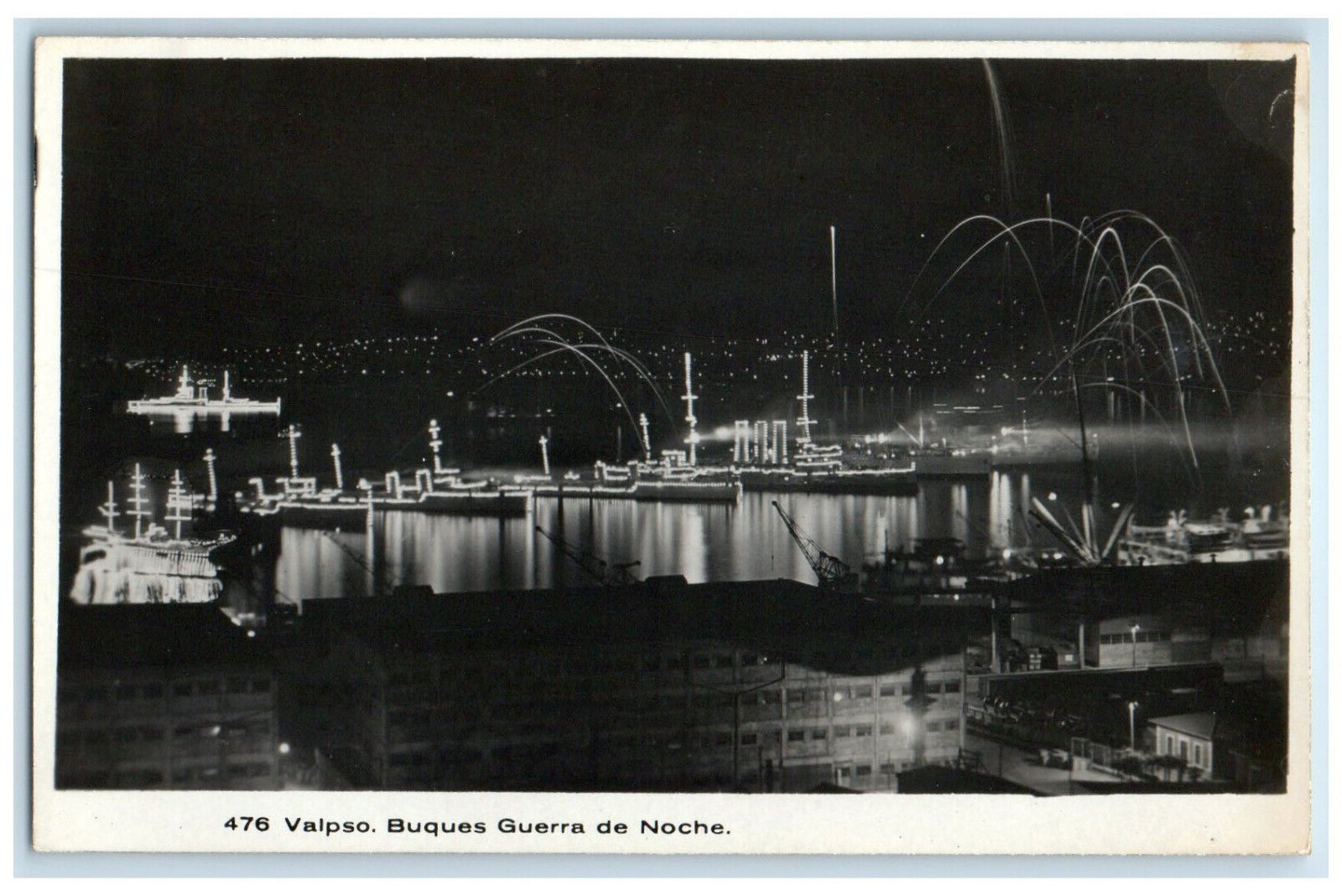 c1940's War Ships At Night Valparaiso Chile RPPC Photo Unposted Postcard