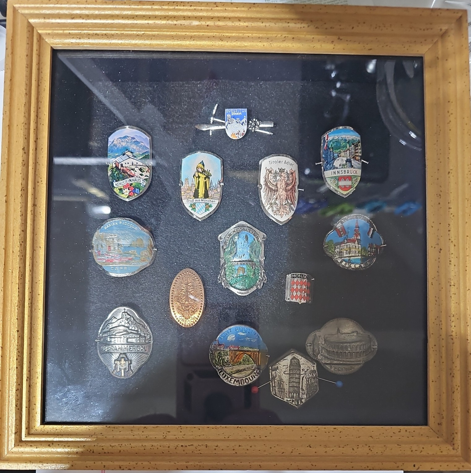 Vintage Travel Souvenir Shield Badges Pin Lapel hat Tack Collectible in frame
