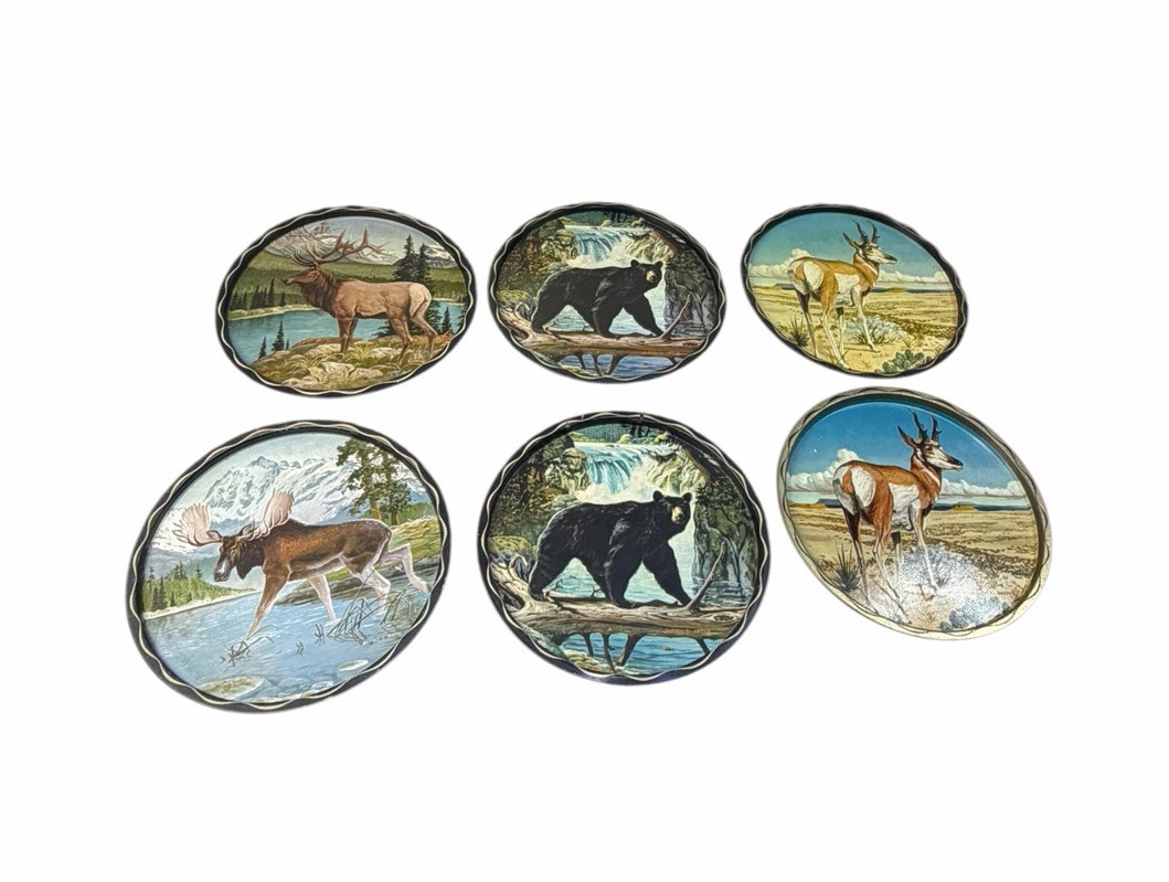 Lot of 6 Vintage James Artig Tin Serving Trays Mid Century Wildlife Rustic Bar