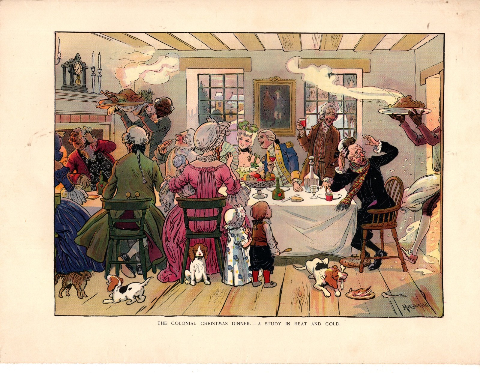 1905 Colonial Christmas dinner from Puck Magazine original print only