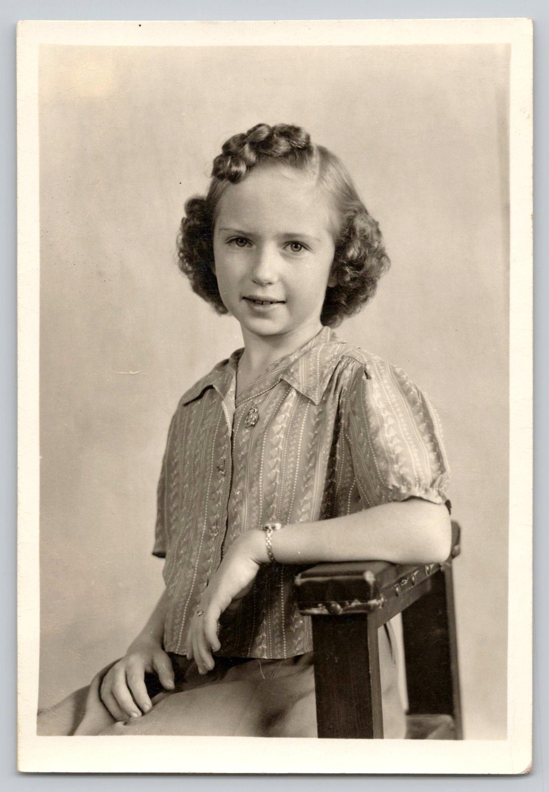 Vintage 1940s Photo Pretty Girl Striped Blouse Pin Curls Stylish Studio Portrait