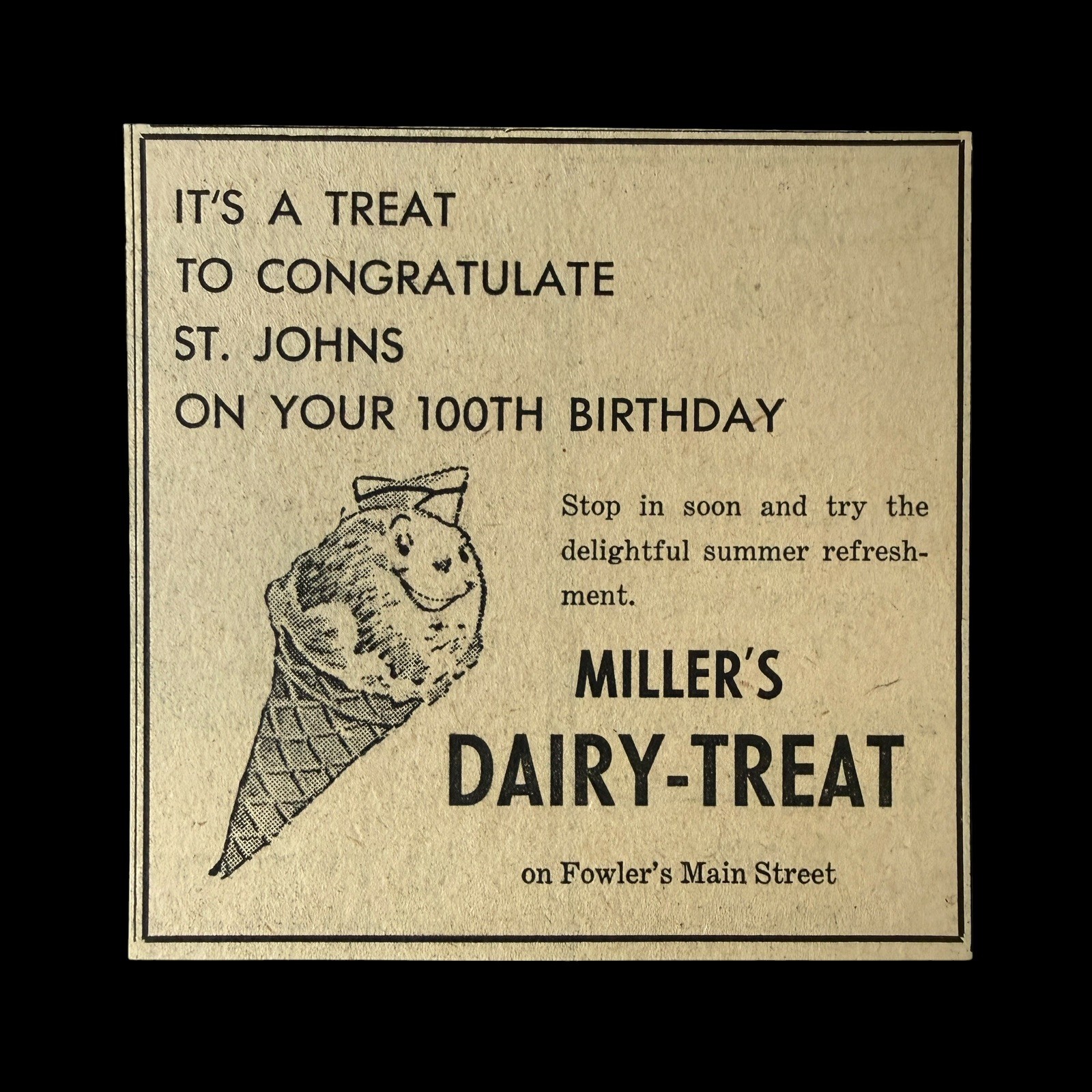 Vintage Miller\'s Dairy Treat Fowler Michigan Ice Cream St Johns 100th Ad