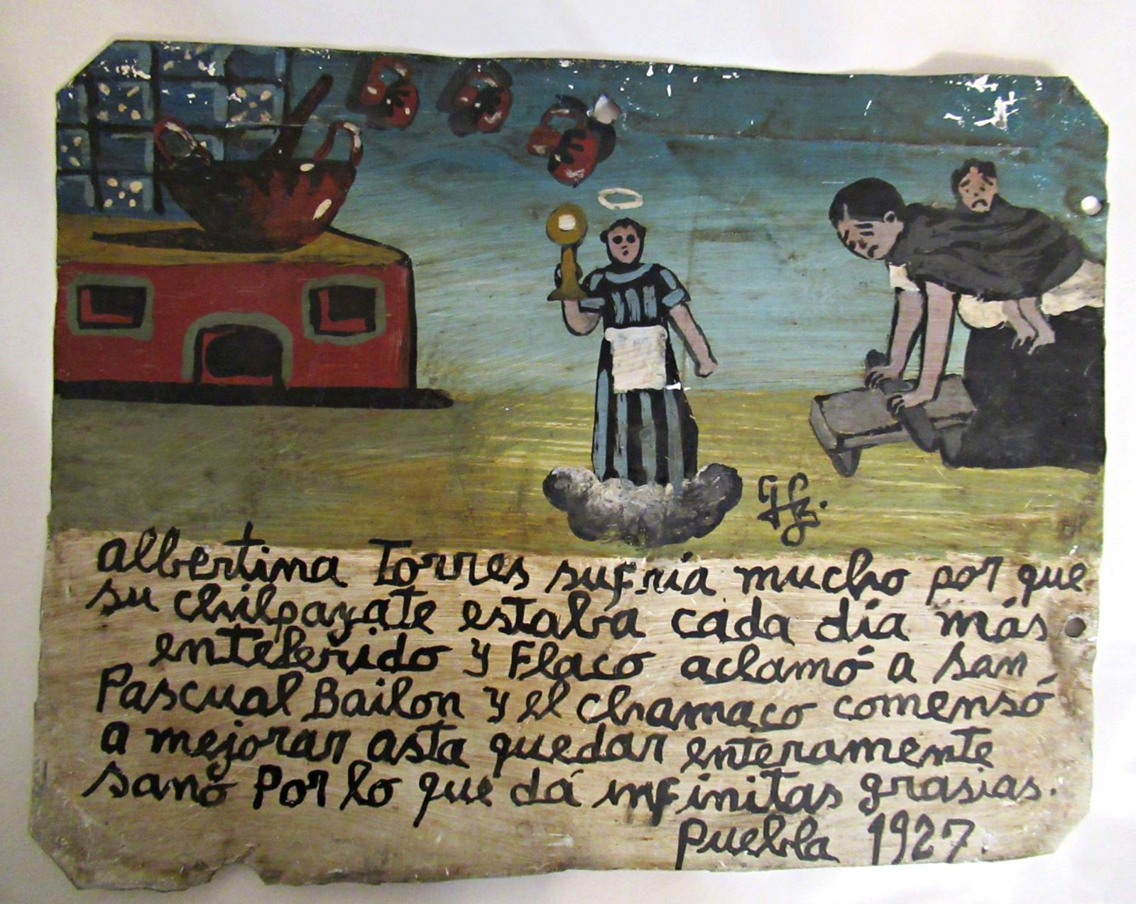 VTG HP MEXICAN TIN RETABLO SAN PASCUAL BAILON CURES WOMAN\'s CHILD in 1927