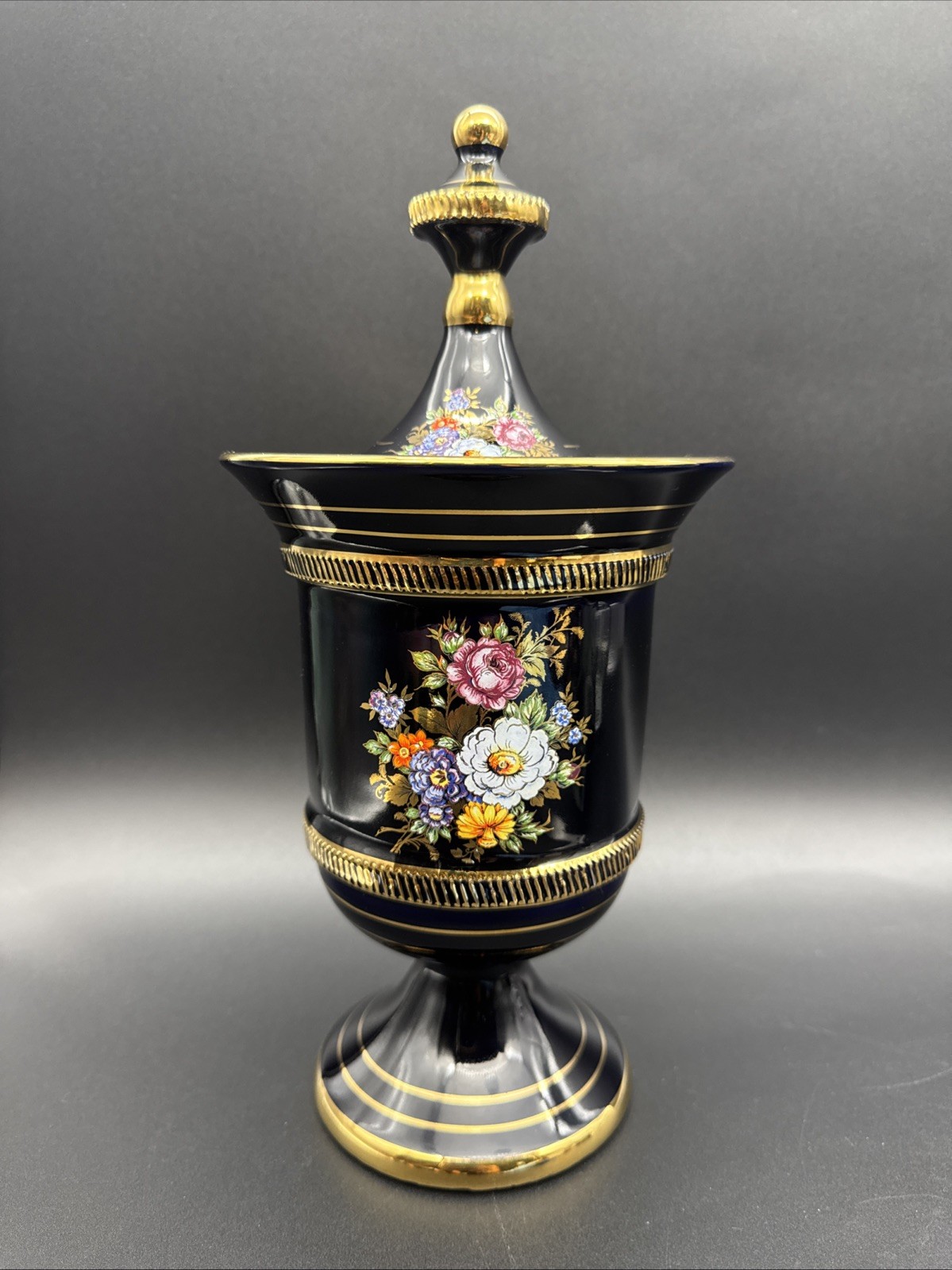 VTG Greek 24k Gold Spyropoulos Cobalt Floral Urn Apothecary Revival Rococo