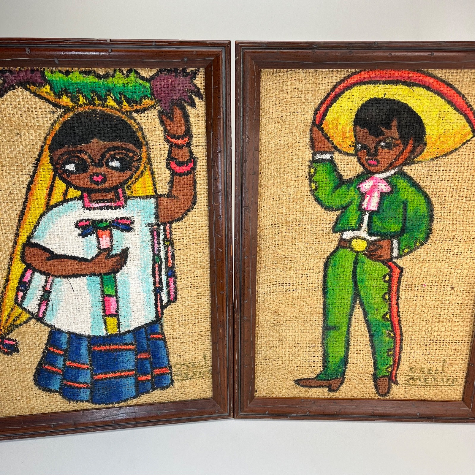 Vintage Mexican Folk Art Painting Burlap Lg Framed 24x16 Jute Bright Colors 1970