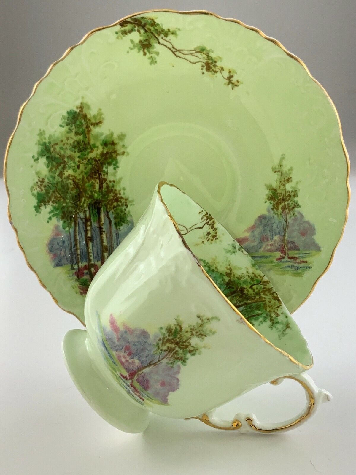 Vintage Aynsley Teacup Saucer Green Birch Tree Country Road Scene Nature Y506