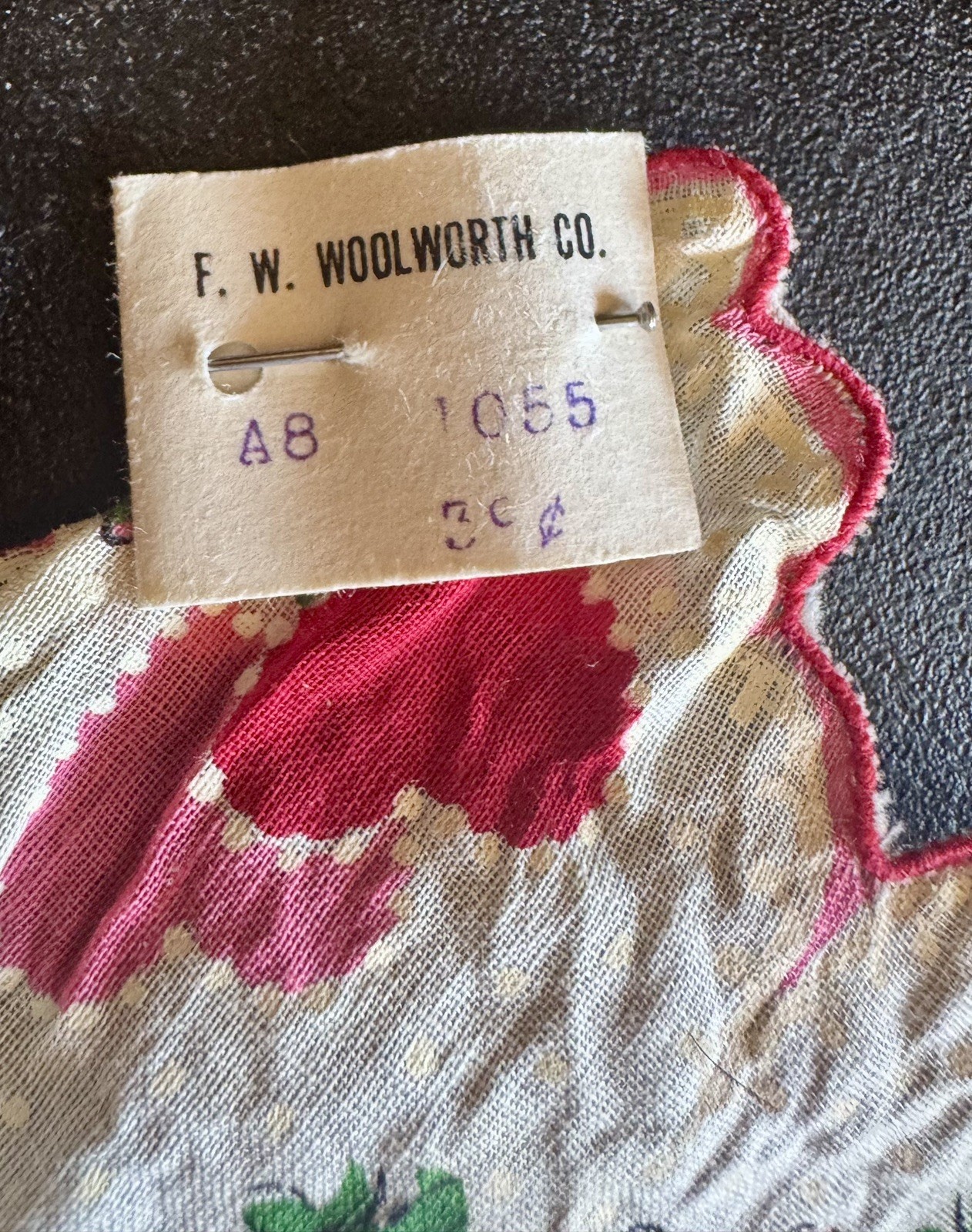 Vintage F.W. Woolworth Co. Valentine Handkerchief Hand Printed **Original Tags. 