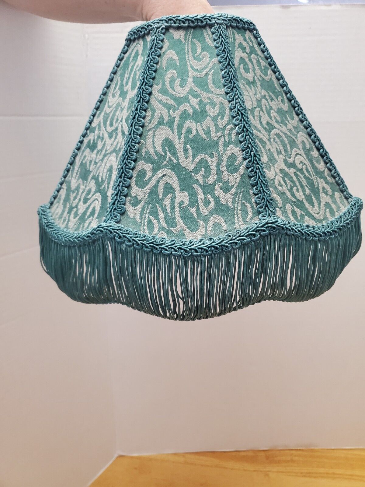 Vintage Victorian Style Fabric Lamp Shade Damask Green Scallop Brocade