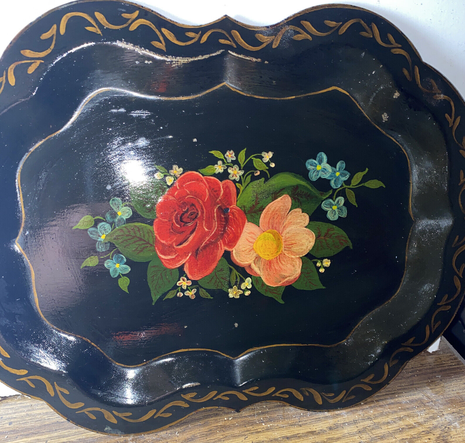 toleware black tin hand painted tray 14”x11”ornate Scalloped Rim Vintage
