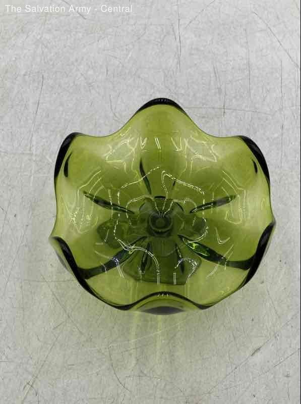 Green Glass Art Collectible Decorative Footed Six Petal Compote Bowl
