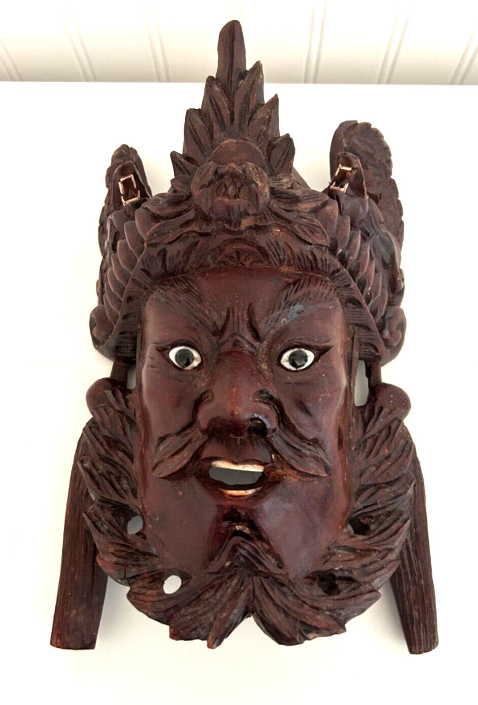 Vintage hand wood carved Mongolian Chief Warrior Headress Mask 10-1/4\