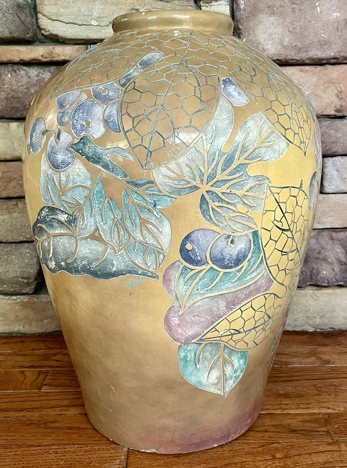 HUGE Vintage Chinoiserie Ceramic Floor Vase - Embossed Pastel Fruit & Leaf Motif
