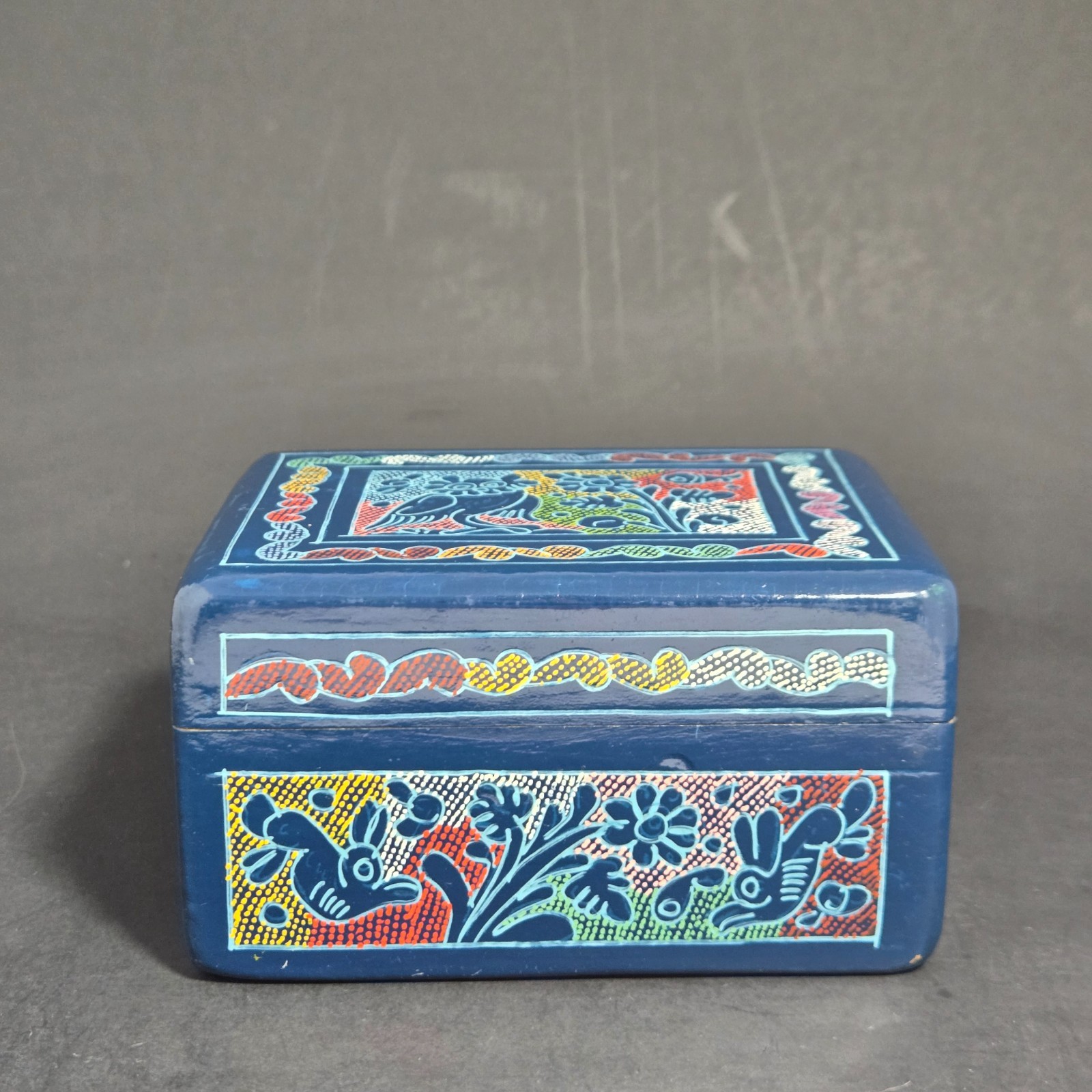 Vtg Mexican Oliana Lacquer Wood Box Hand Painted Folk Art Owl Floral Blue Case Vtg Mexican Oliana Lacquer Wood Box Hand Painted Folk Art Owl Floral Blue Case