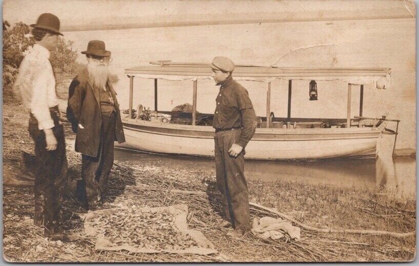 c1910s HOUSTON Texas RPPC Real Photo Postcard PRAWN FISHING SCENE Shrimp Boat
