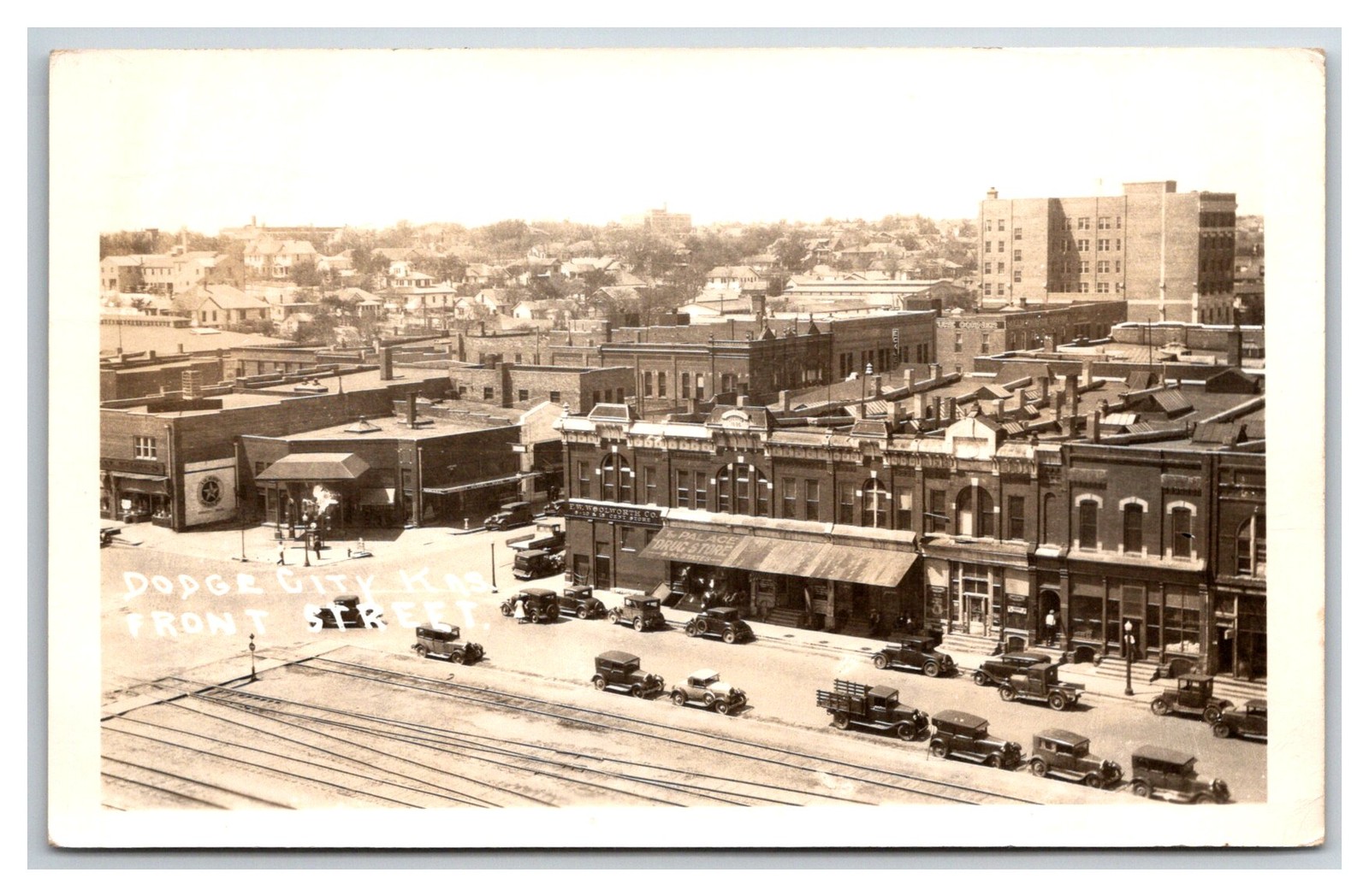 Dodge City Kansas RPPC ~ Front Street & Railroad Tracks ~ Birdseye
