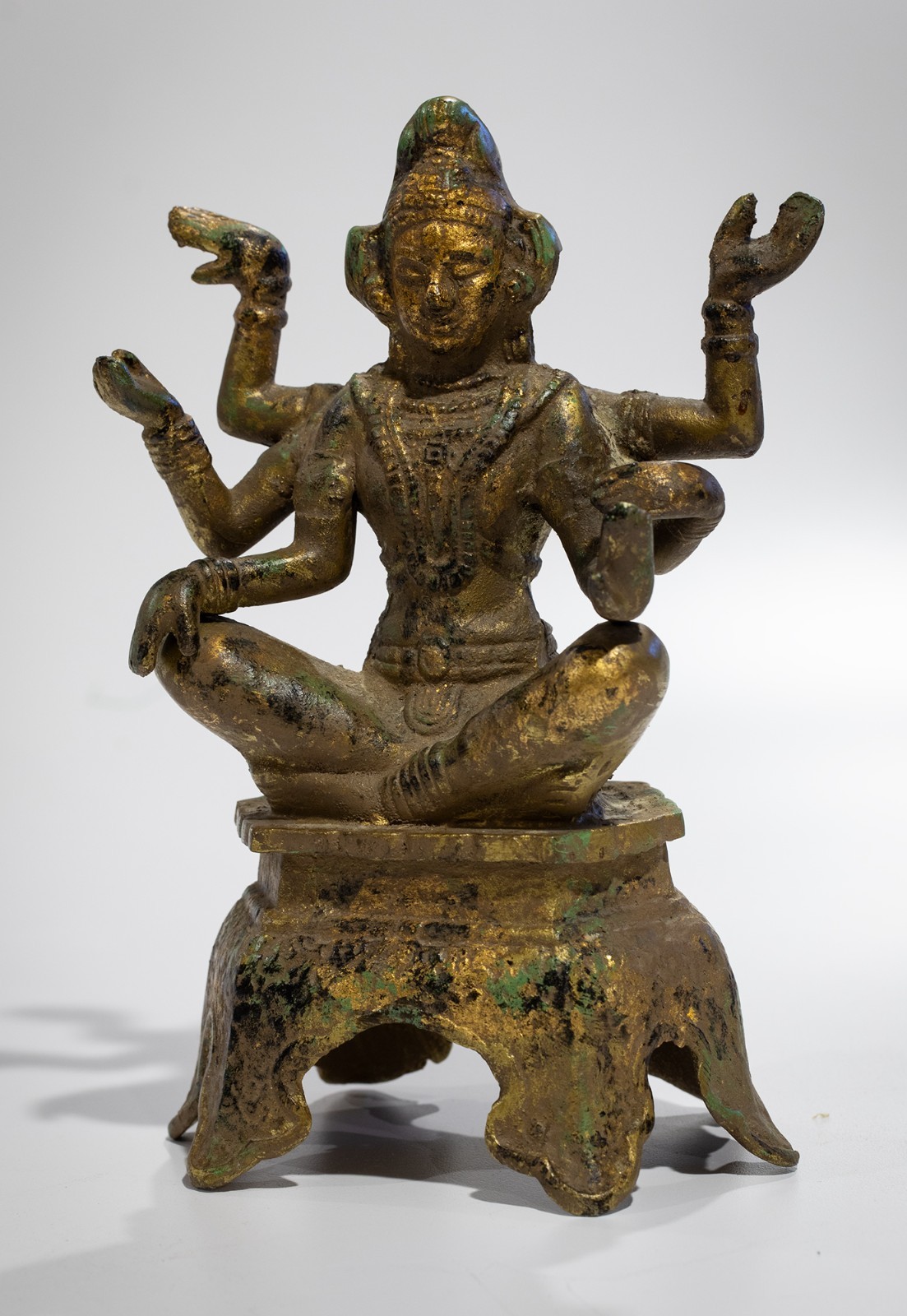 Vintage 20th Century Cast Iron 6-Armed Deity Vasudhara Statue - Gilded & Patinat