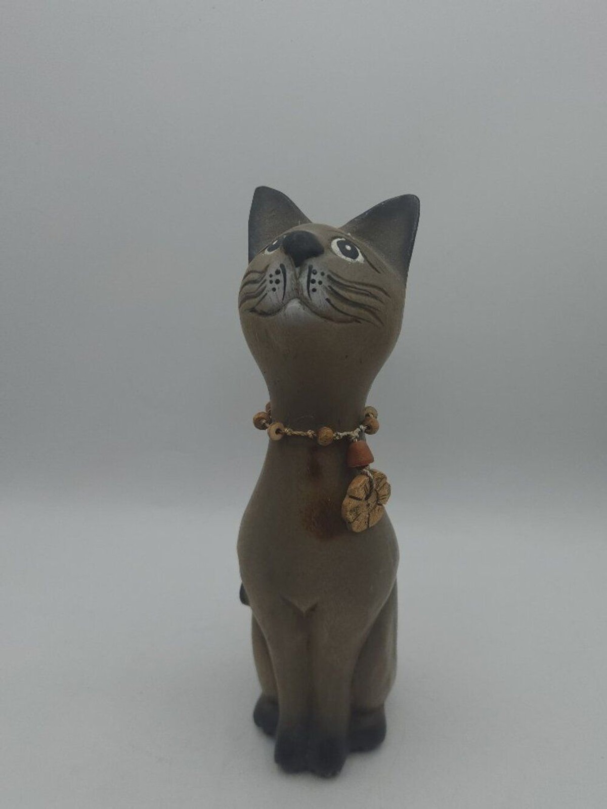 Vintage Handcarved Wooden Cat Figure with Necklace Brown 10.25\