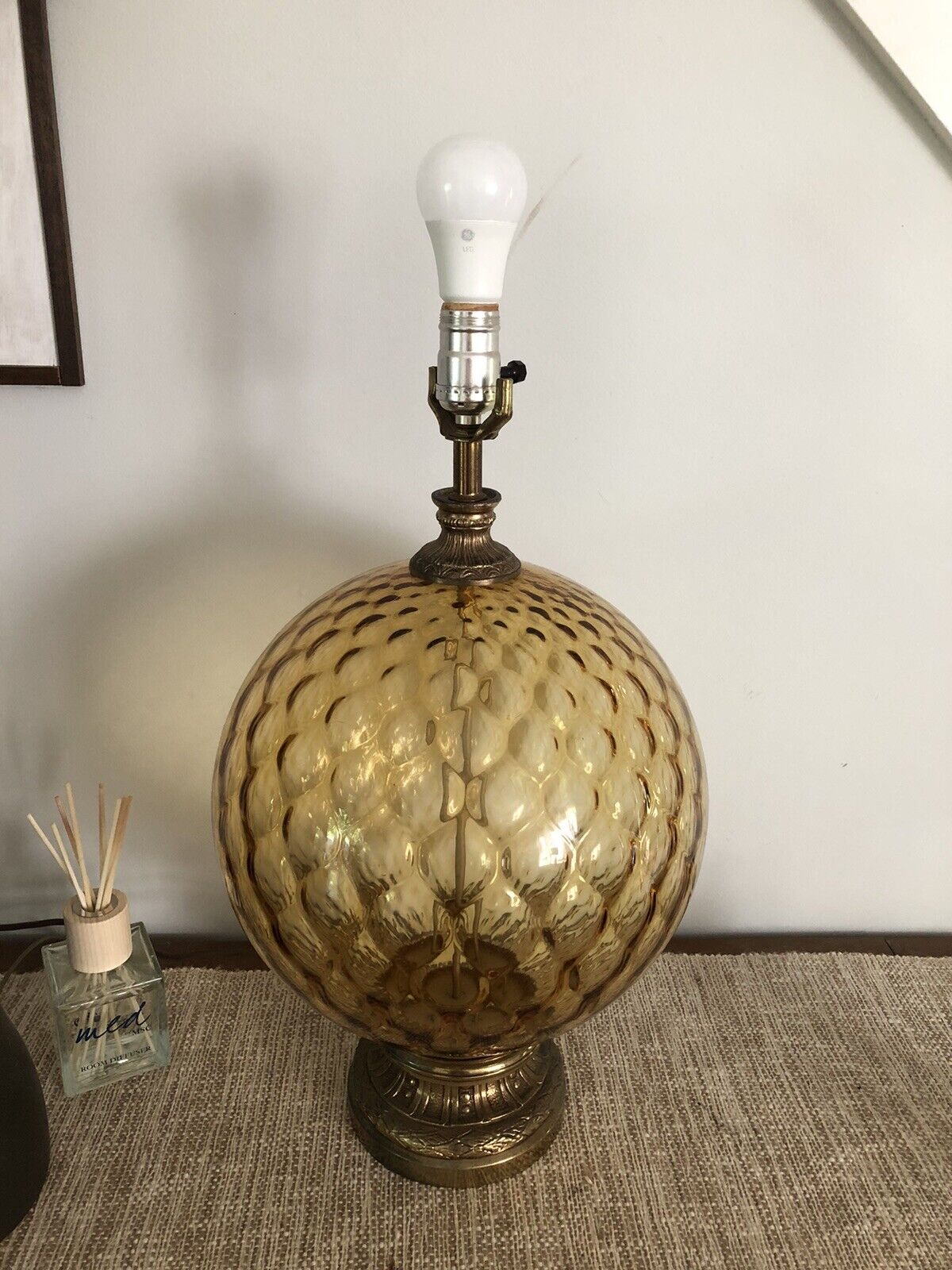 Hollywood Regency Mid Century Amber Optic Glass Sphere Lamp Large