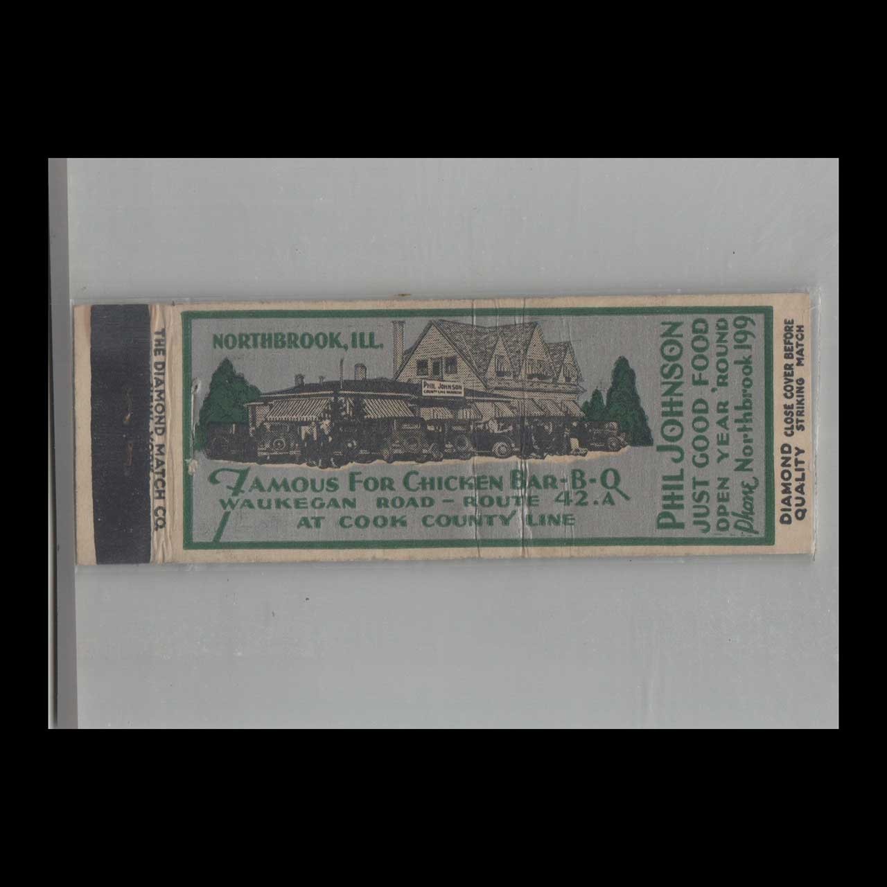 Matchbook Cover 1930s Diamond Quality Phil Johnson\'s Restaurant Northbrook IL
