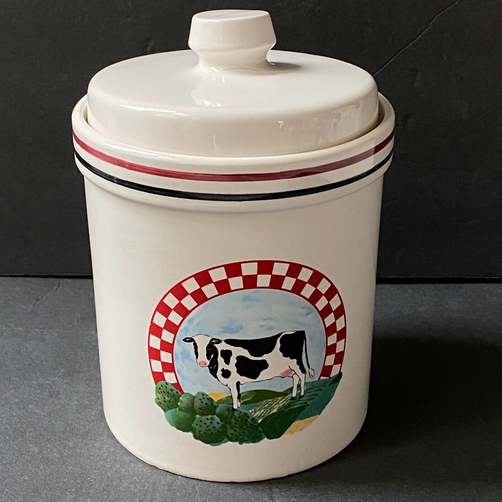 Fannie's Farm Century Stoneware Canister Cookie Jar Checkered Cow 9