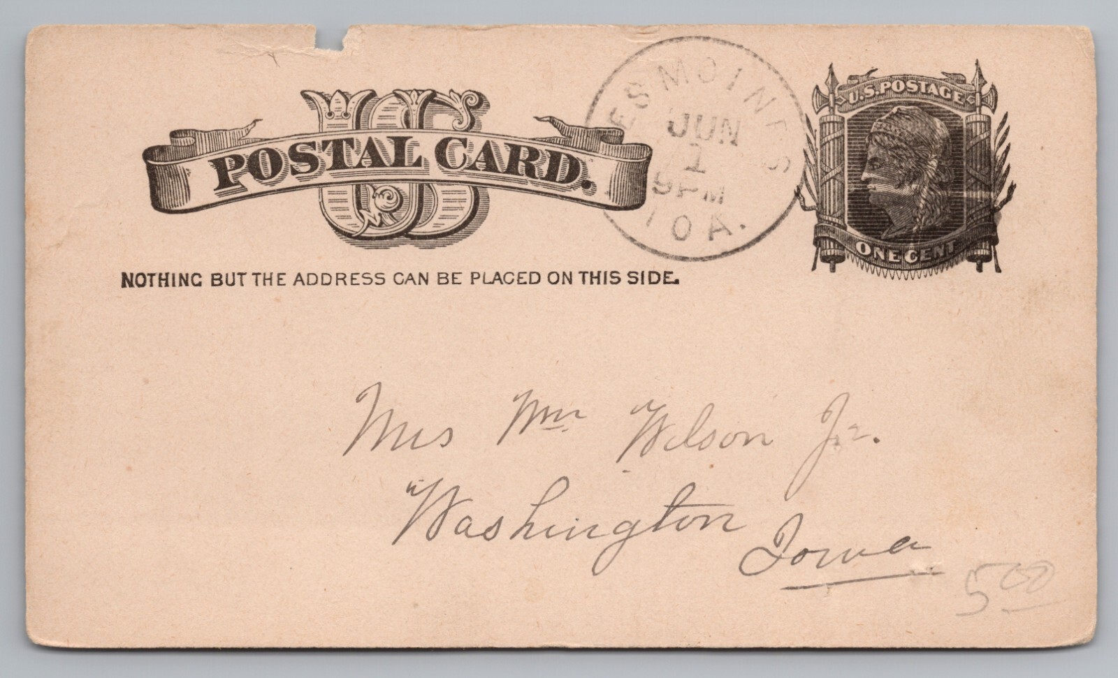 Postal Card Posted 1883 Des Moines to Washington Iowa Cork Fancy Cancel