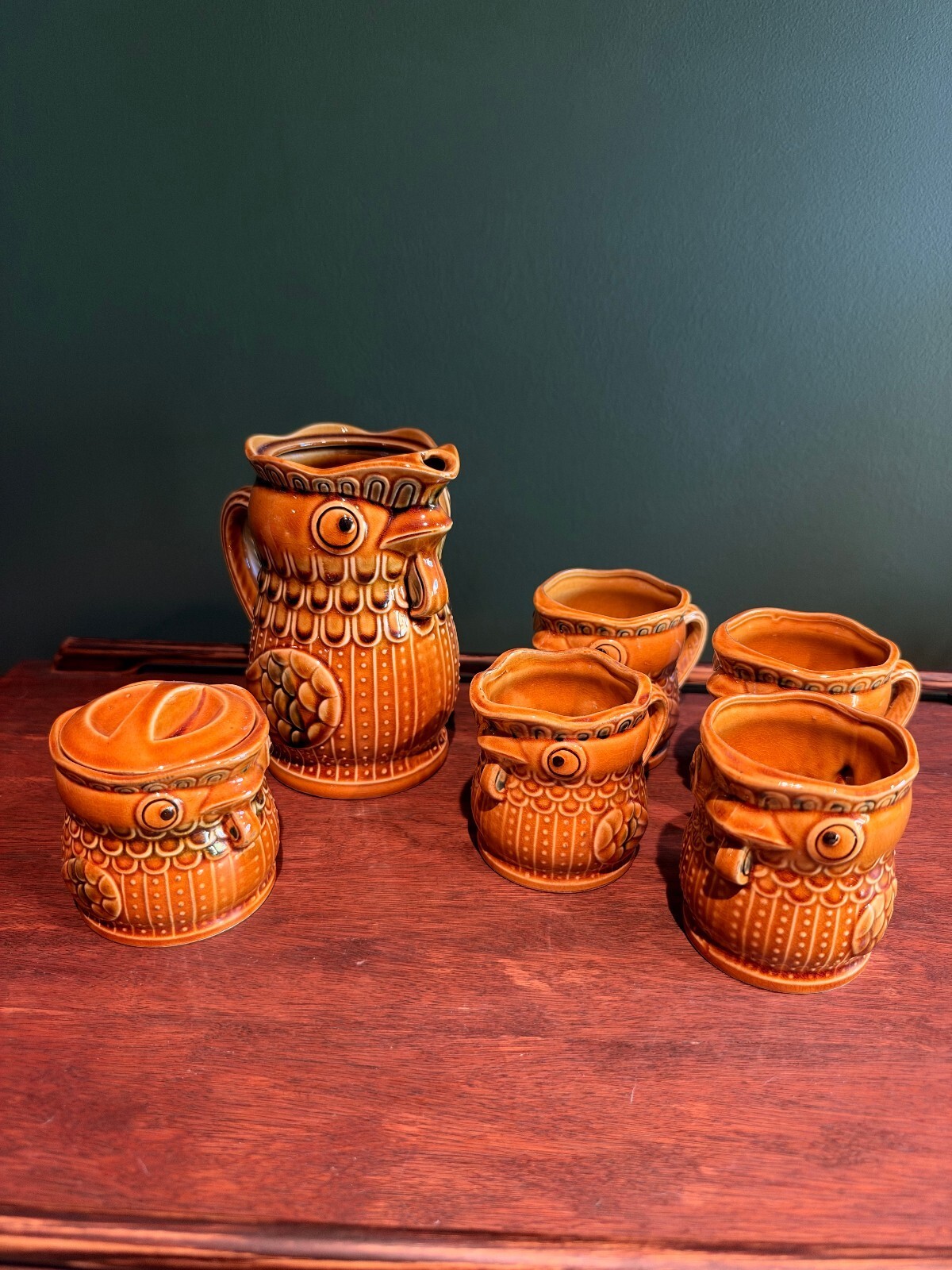 Vintage Japanese Pottery Owl Pitcher Jug Brown Glazed Retro Folk Art Mid-Century
