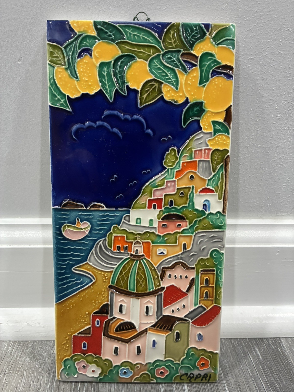 Vtg Capri Sign Italy Ceramic Hand Painted Wall Tile Amalfi Coast Lemons Sea Boat