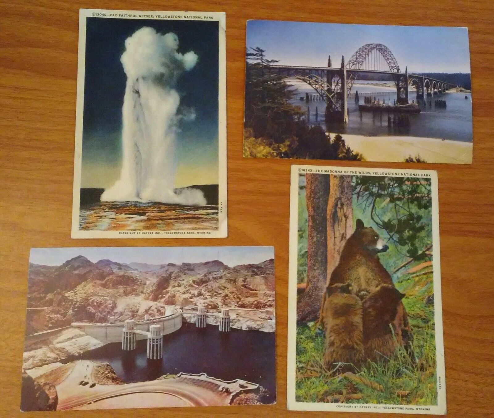 Lot of 4 Vintage 1950 Post Cards Hoover Dam Old Faithful Yellowstone Bear Unused