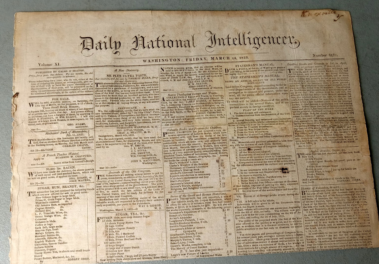 RARE 1823 James Monroe Newspaper National Intelligencer Florida Act War Europe