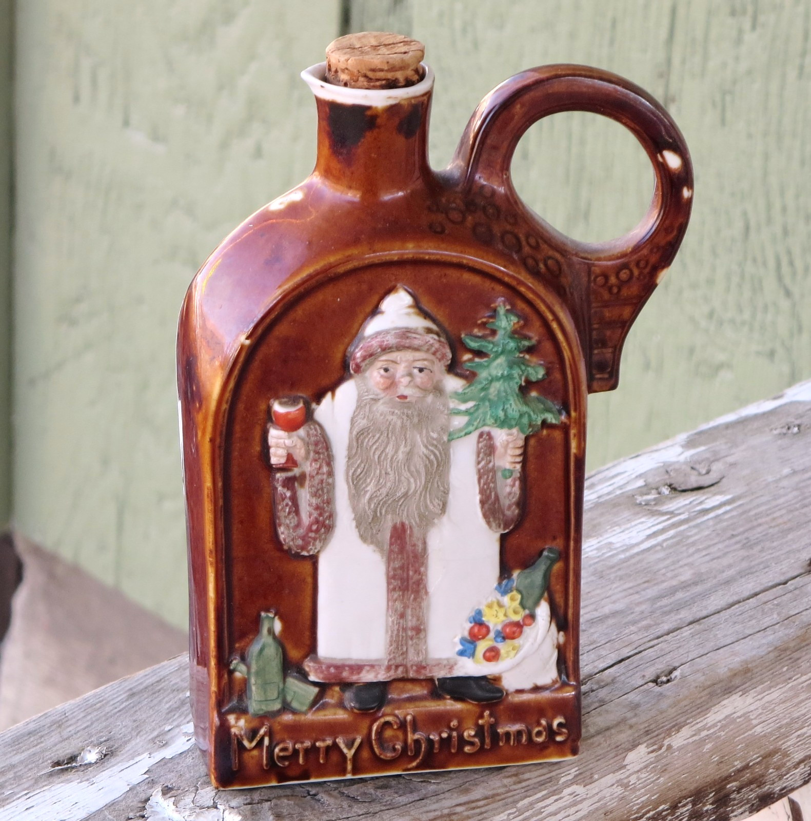 Antique OLD Vintage CHRISTMAS German Shaefer & Vater Ceramic Whiskey Flask Jug