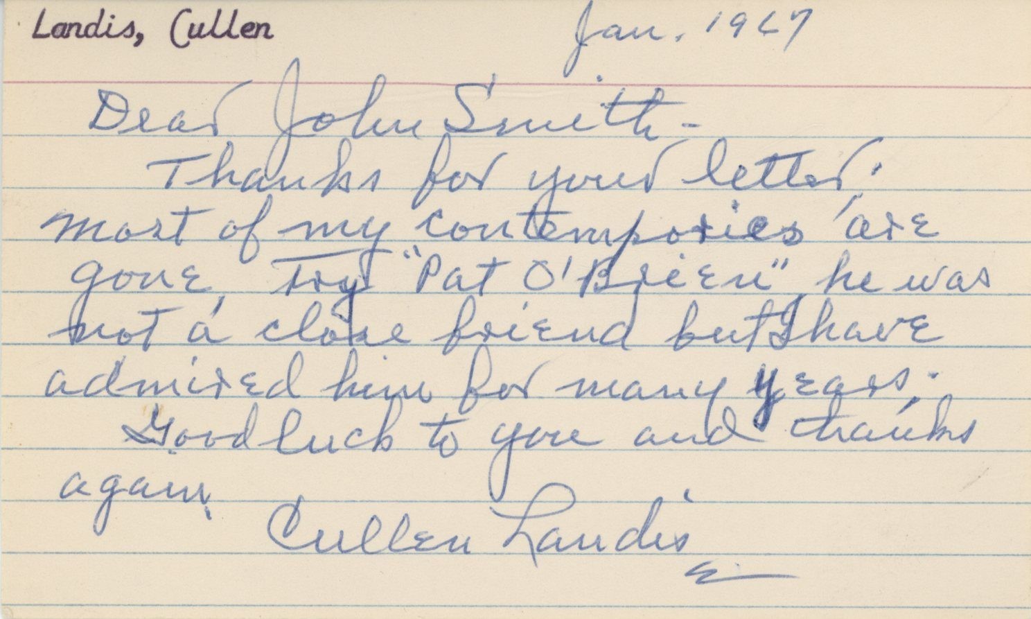 Cullen Landis- Signed Handwritten Note
